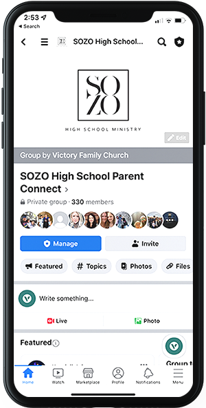 SOZO Parent Connect Facebook page on a mobile phone