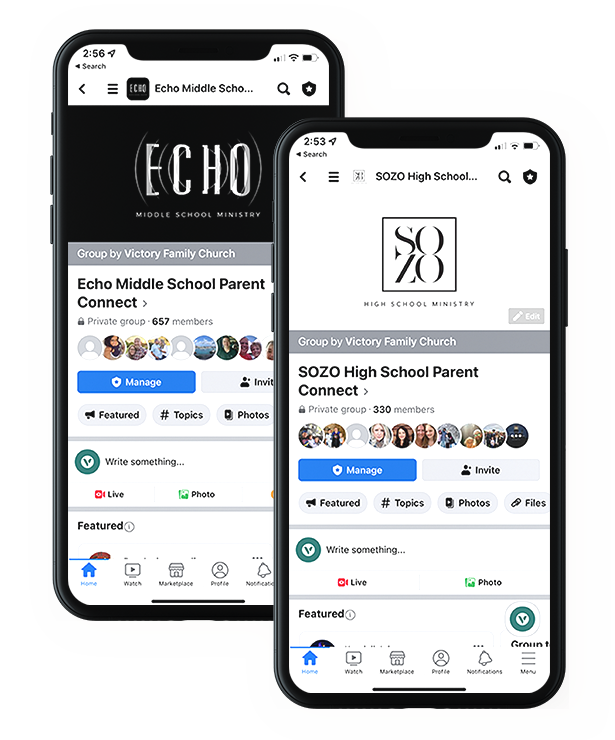 Echo and SOZO Facebook groups on smartphones