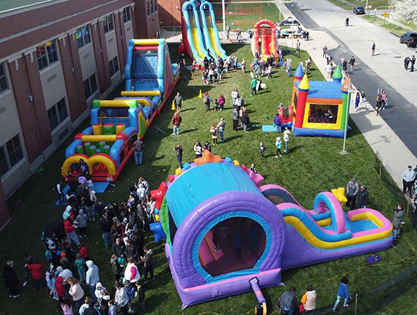 aerial view of Eggstravaganza showing inflatable play sets